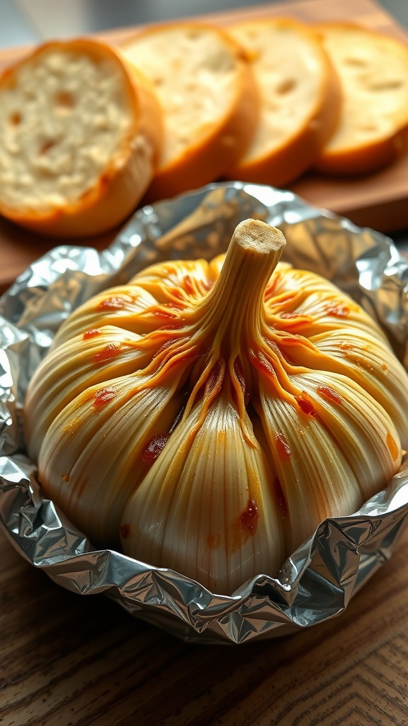 A roasted head of garlic in foil, with soft cloves ready to be used, alongside slices of bread.